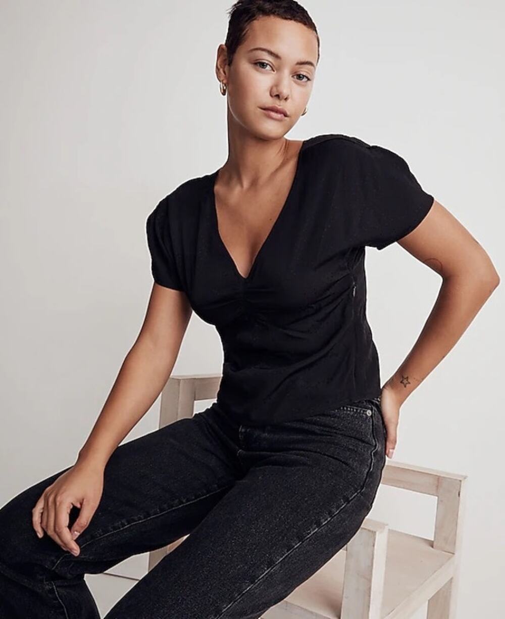 Madewell Puff-Sleeve Top in Floral Jacquard in black size 10